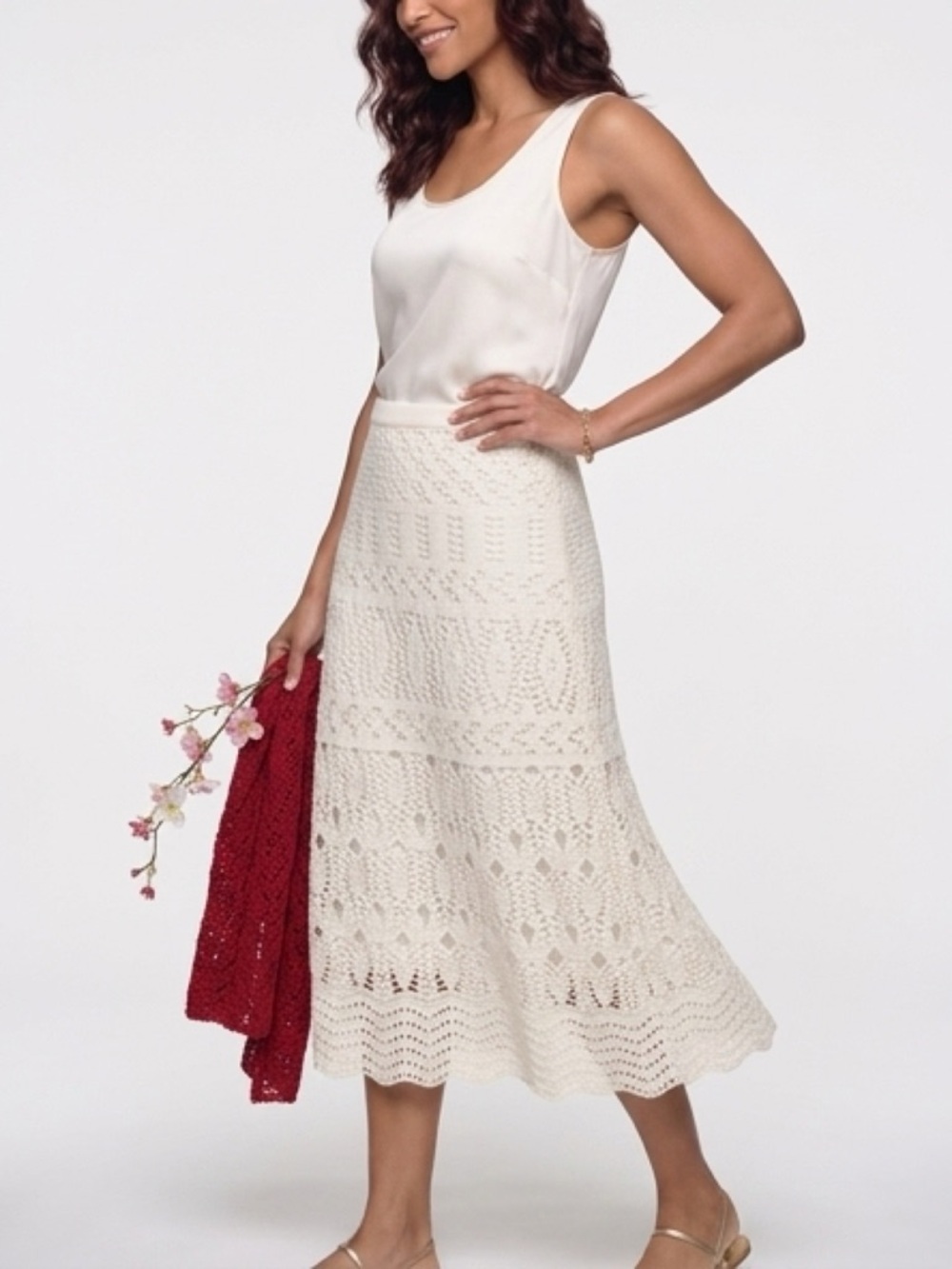 Women’s Cream Crochet Knit Midi Skirt